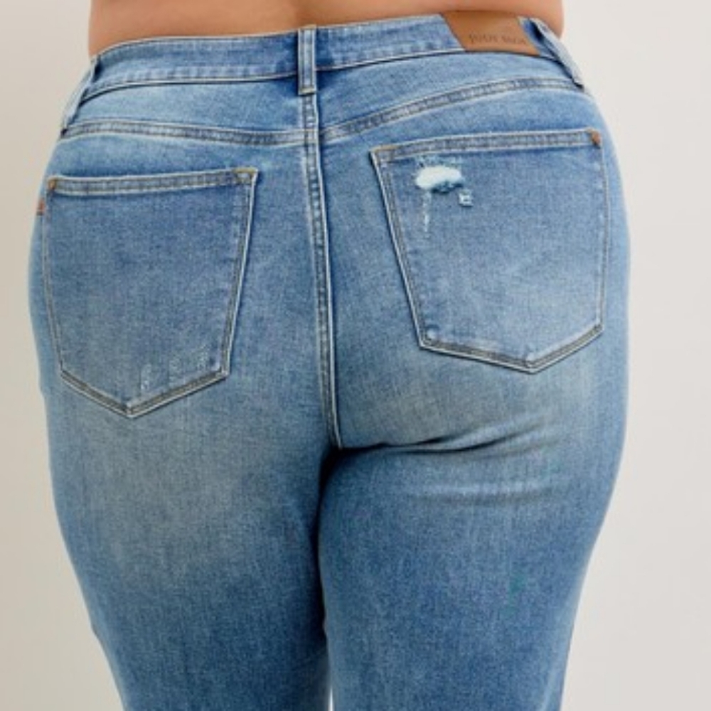Judy Blue High-Rise Split Hem Distressed Straight Leg Boyfriend Jeans Denim Pant - Picture 8 of 16